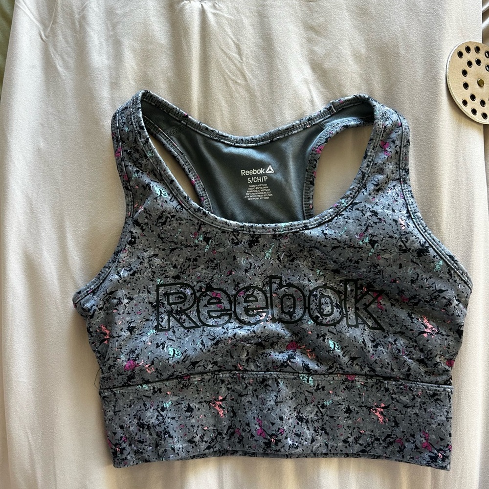 Reebok Gray Sports Bra with Racerback Design and Scoop Neckline